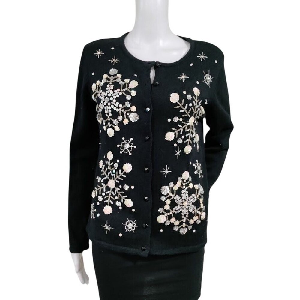 Tiara International Black Tight Knit Christmas Cardigan Small